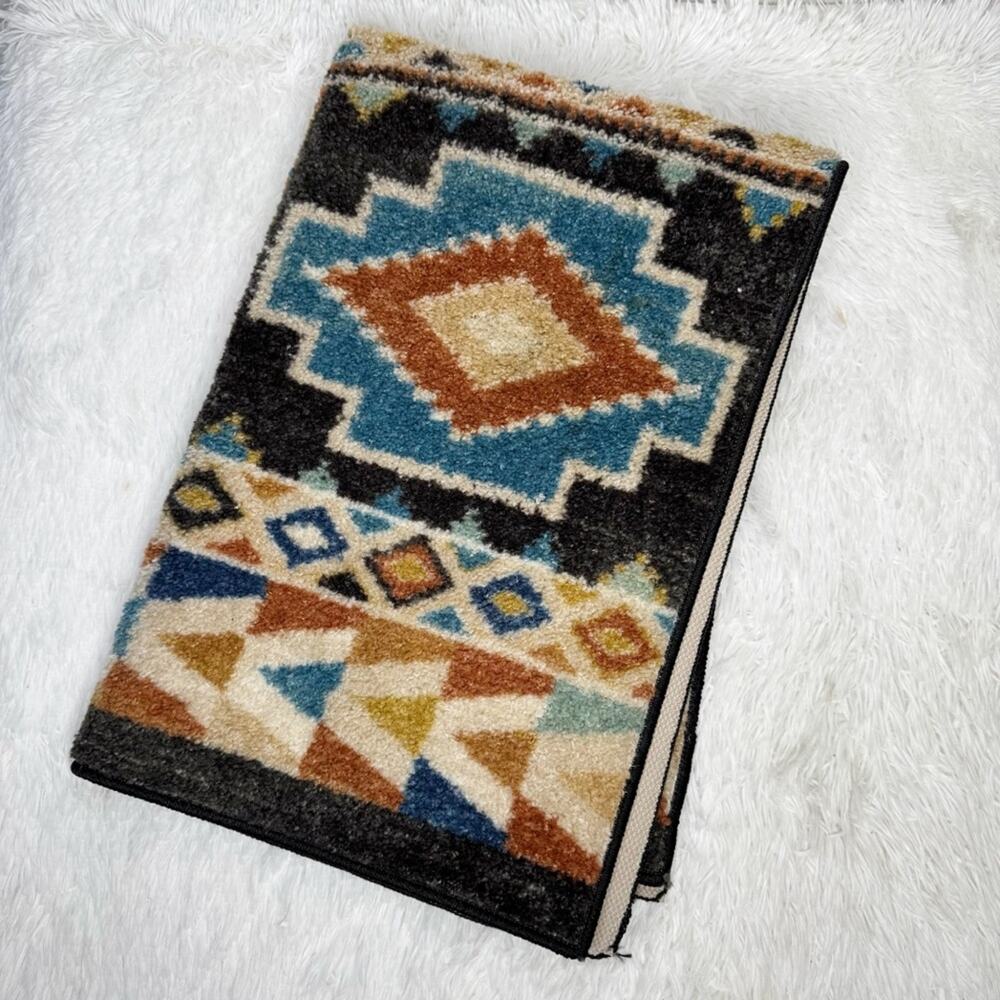 Burnt orange blue tan Aztec abstract boho accent rug / 30x46